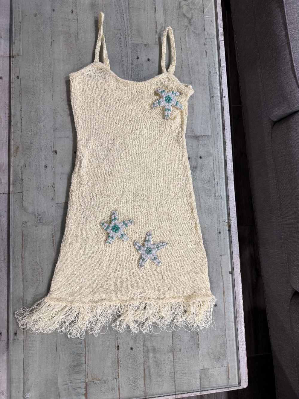 Cream Shimmer Knit Starfish Fringe Mini Dress- Size Medium